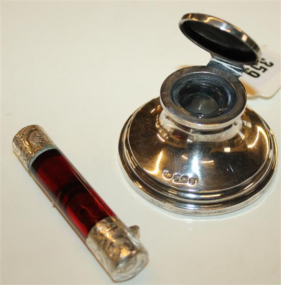 Silver capstan inkwell and ruby glass scent bottle